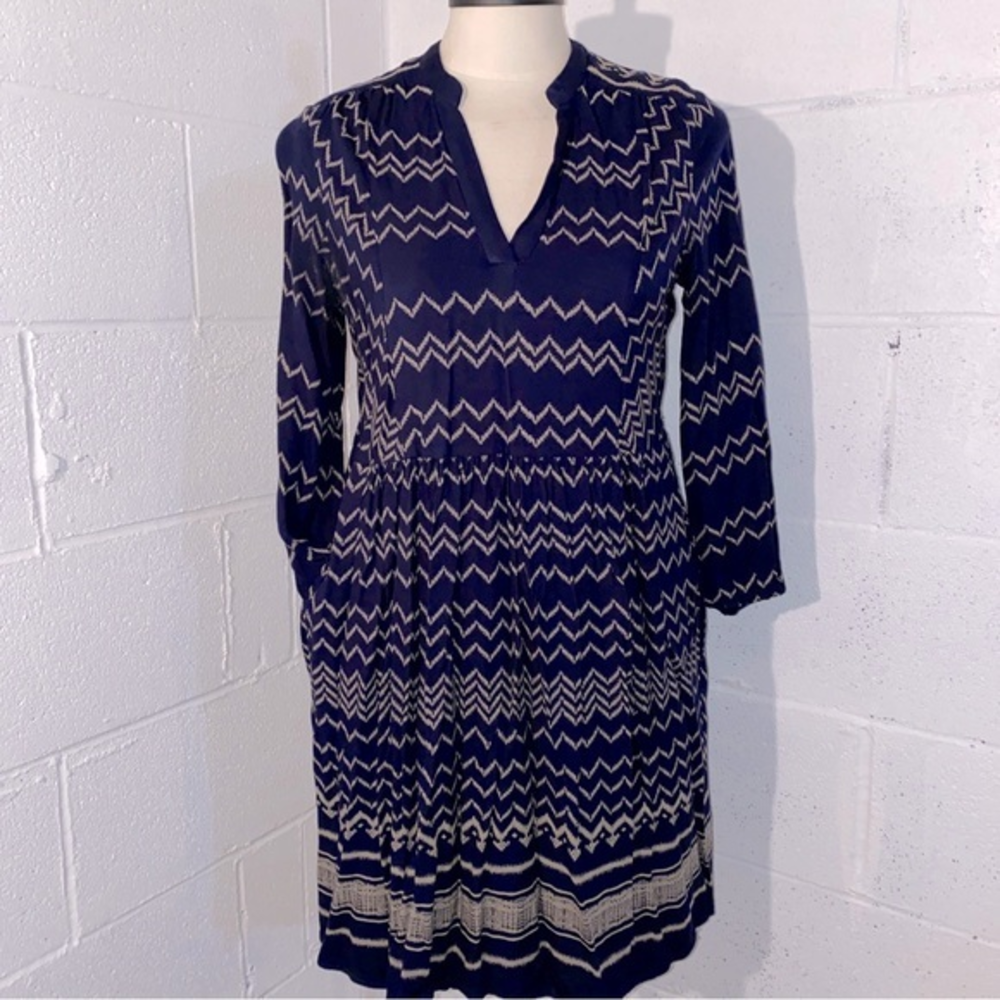 Anthropologie XS Holding Horses Farica Chevron Print Navy Beige Boho Shirt Dress